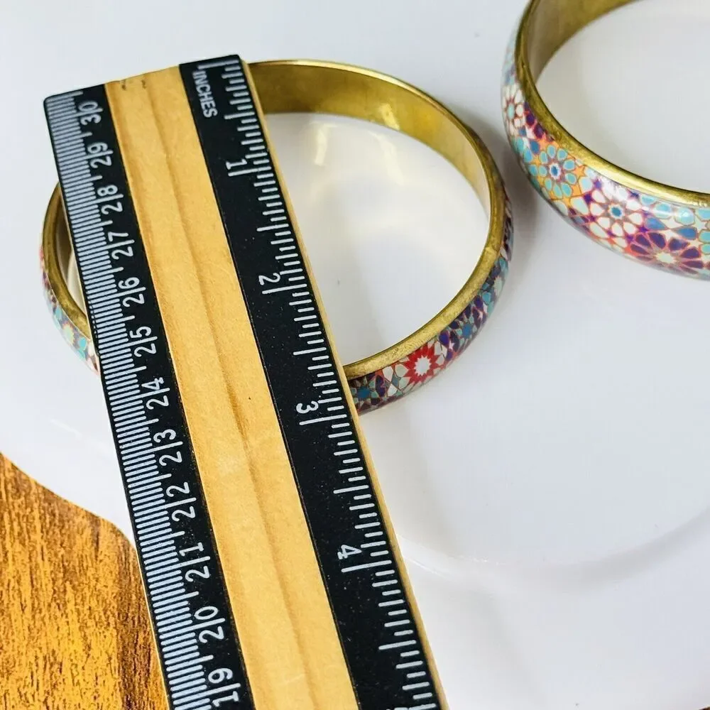 2 Vintage Brass Bracelet Bangle Floral Colorful Cottage Core Tel Blue Red